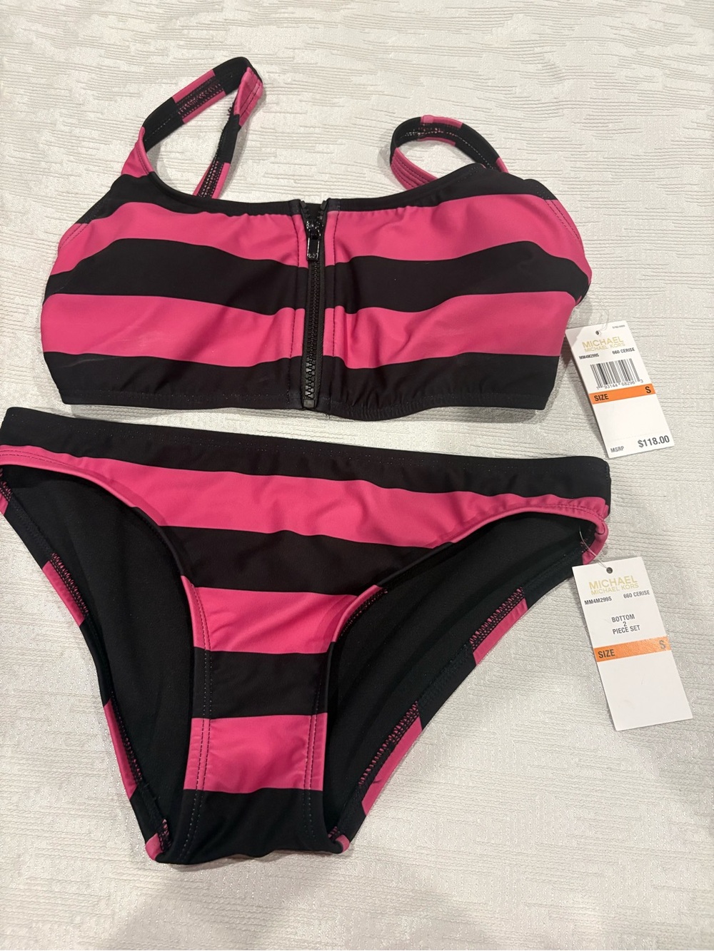 Michael Kors Hot Pink & Black Striped Zip-Front Bikini Set